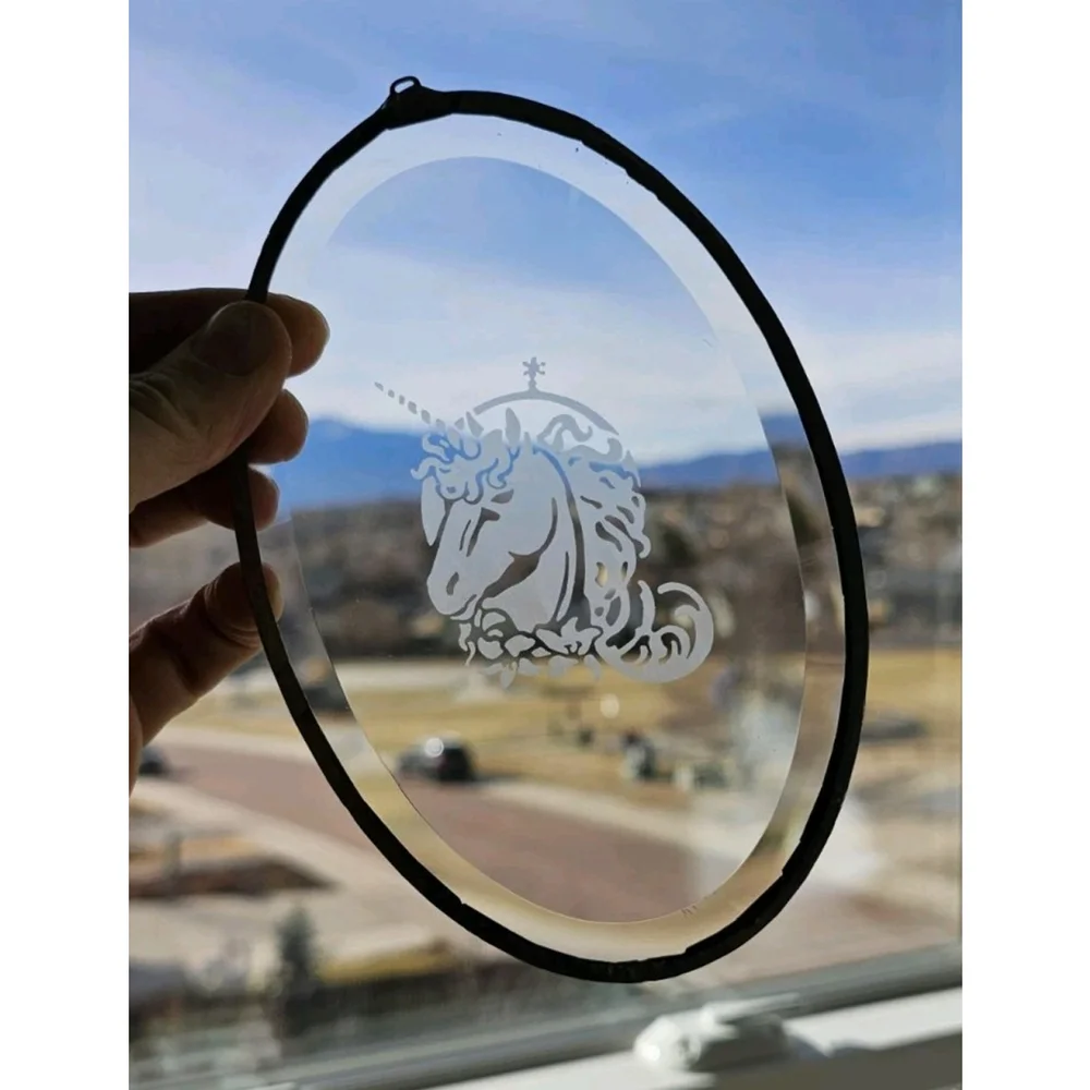 Vintage 3 Oval Etched Glass Unicorn Wolf Dragon Wall Hangings In Metal Frames